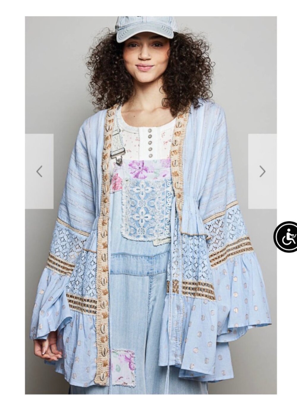 POL Powder Blue Metallic Stripe Crochet Lace Kimono Top Seashell Trim NWOT